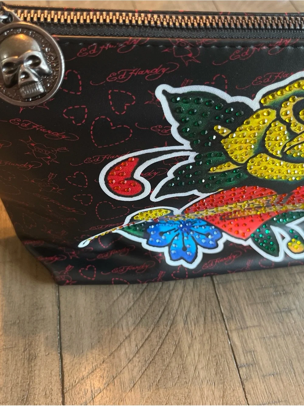 Ed Hardy Black Cosmetic Case with Multicolored Studded Tattoo Motif